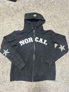 Nor Cal woman’s vintage Black Zip-Up Hoodie Jacket embroidered stars detail